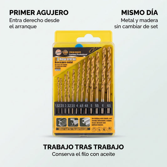 Juego de 13 Brocas Recubiertas de Titanio — Metal, Madera y Plástico — 1